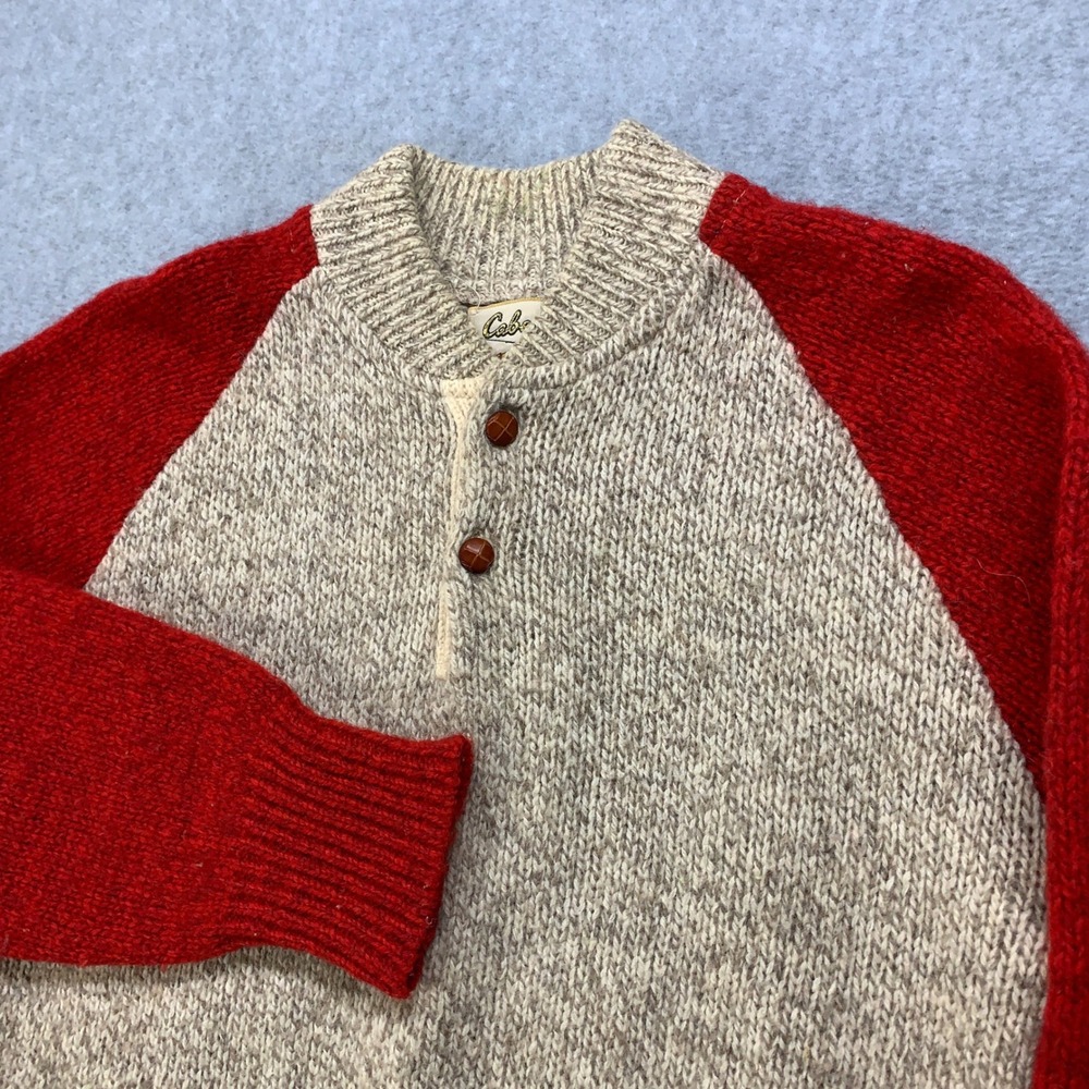 Cabela's Wool Henley Sweater Mens L Red Oatmeal Raglan Vintage Knit *Read*